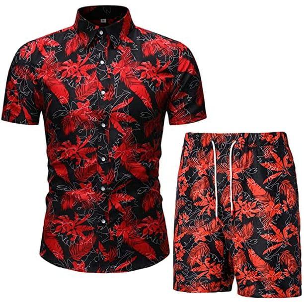 Men Womens Short Sleeve Hawaiian Floral Beach Suits Shirts Shorts Loungewear Set